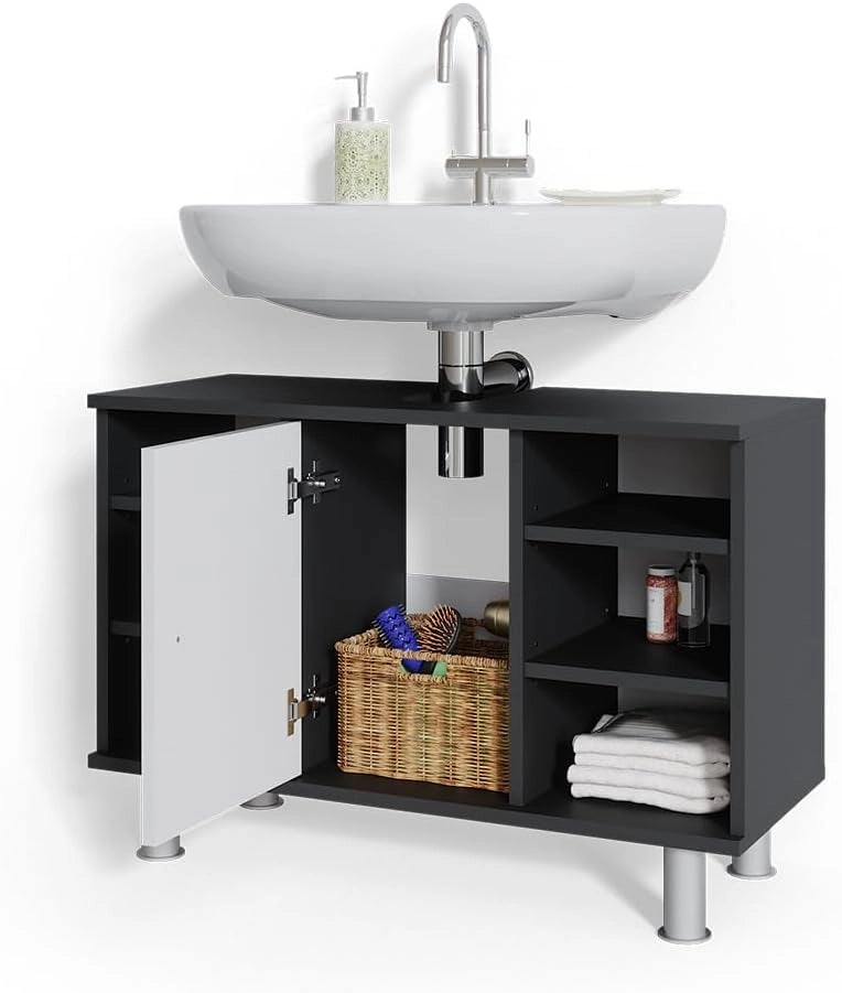 Mobiletto per lavabo Fynn, Antracite/bianco lucido, 80 x 54 cm con 6 ripiani, per la conservazione in bagno con ritaglio per sifone
