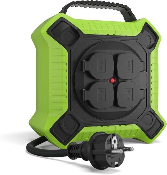 Cavo di allungamento per esterno 15 metri IP44 - 4 prese di corrente - H05RR-F 3G15 nero/verde