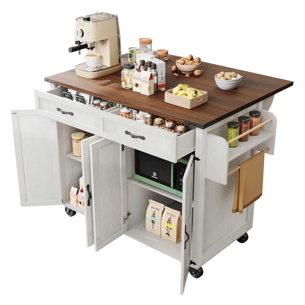 OKWISH Isola da Cucina con 4 Ante e 2 Cassetti, Piano Pieghevole, Portasciugamani e Ruote, per Cucina, MDF, Bianco