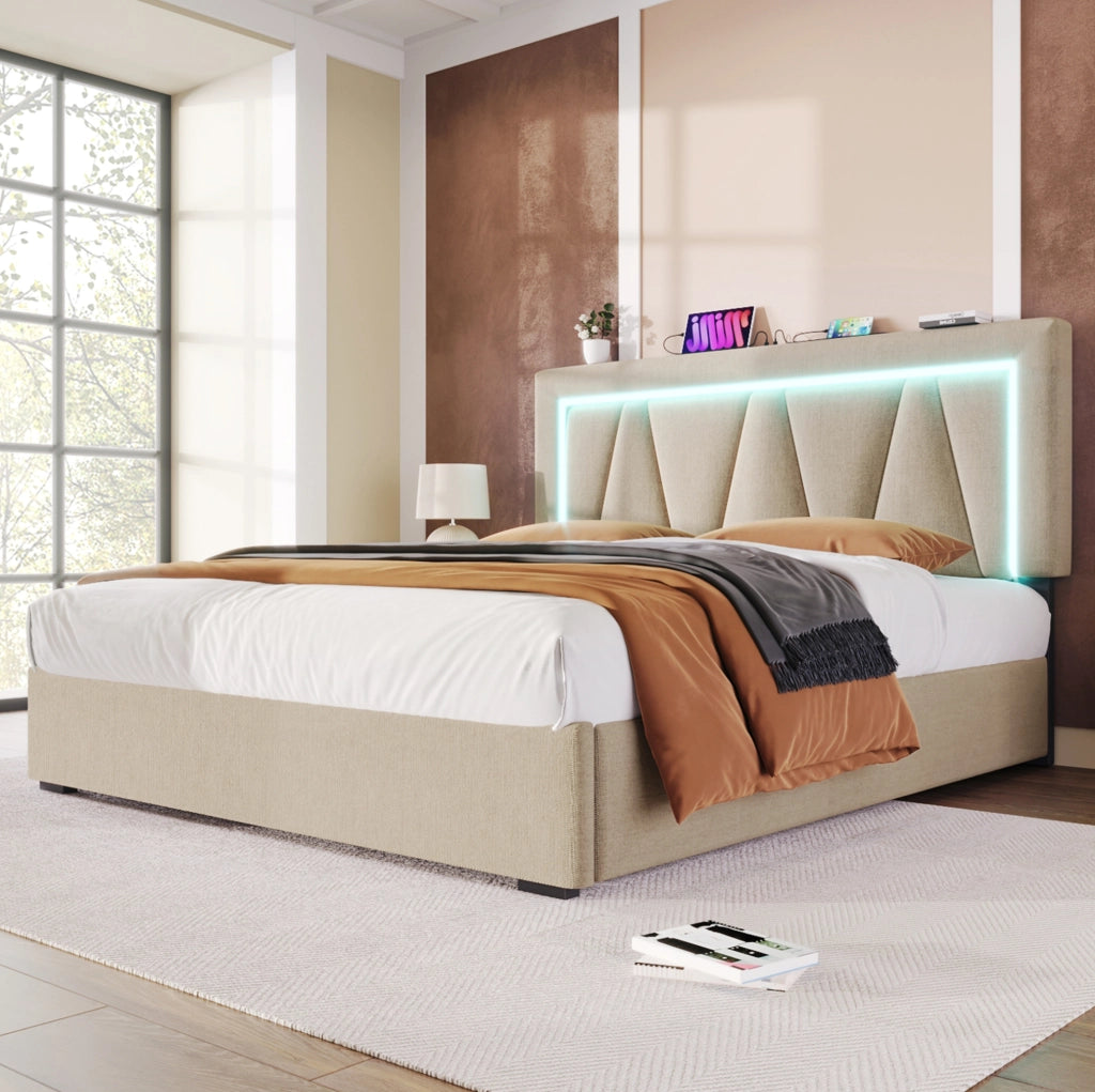 Letto matrimoniale contenitore 140x200 cm beige con LED, USB-C e materasso