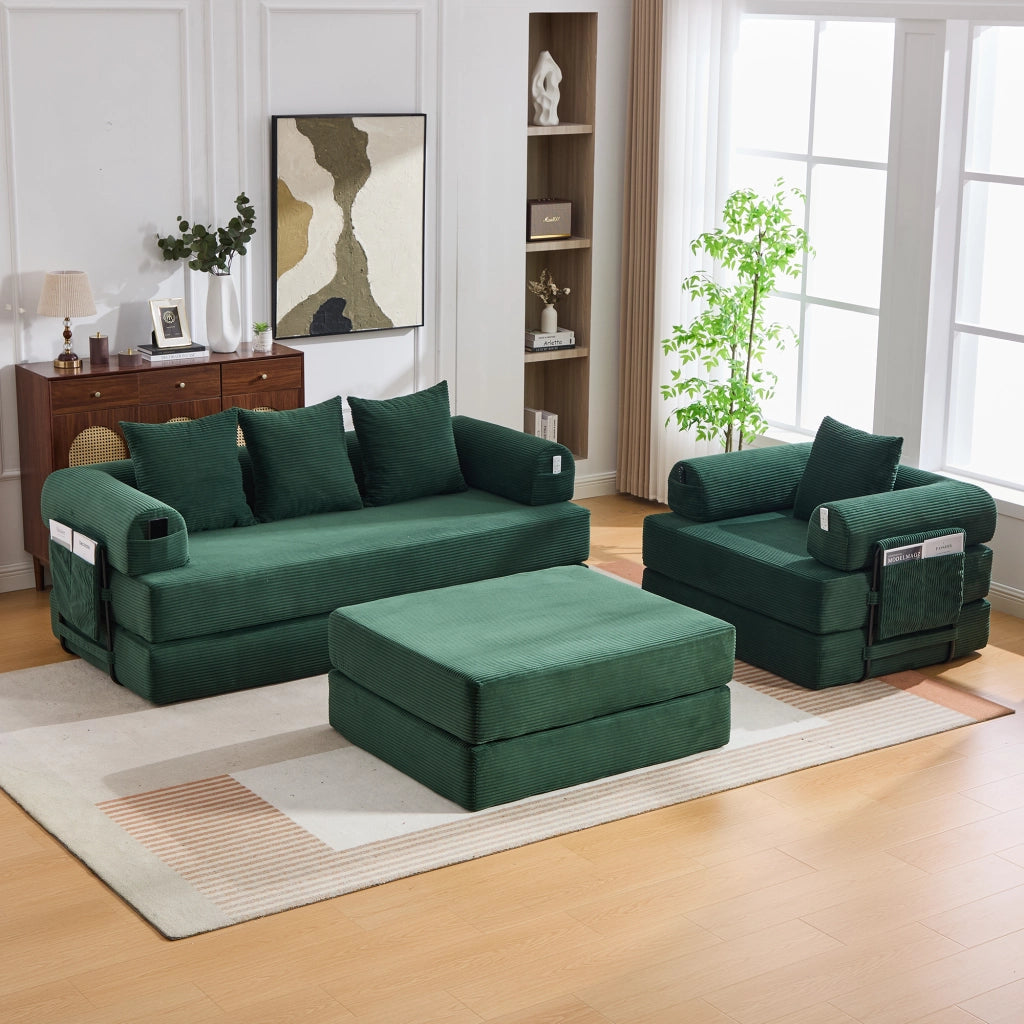 Divano modulare con pouf e tasca laterale, struttura in metallo, in velluto a coste verde smeraldo 200 × 190 × 67 cm
