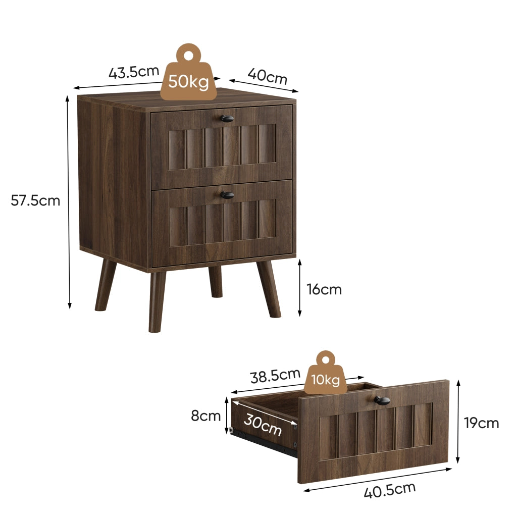 Comodino con 2 cassetti e guide silenziose, design retro con pannelli scanalati, per camera da letto, noce