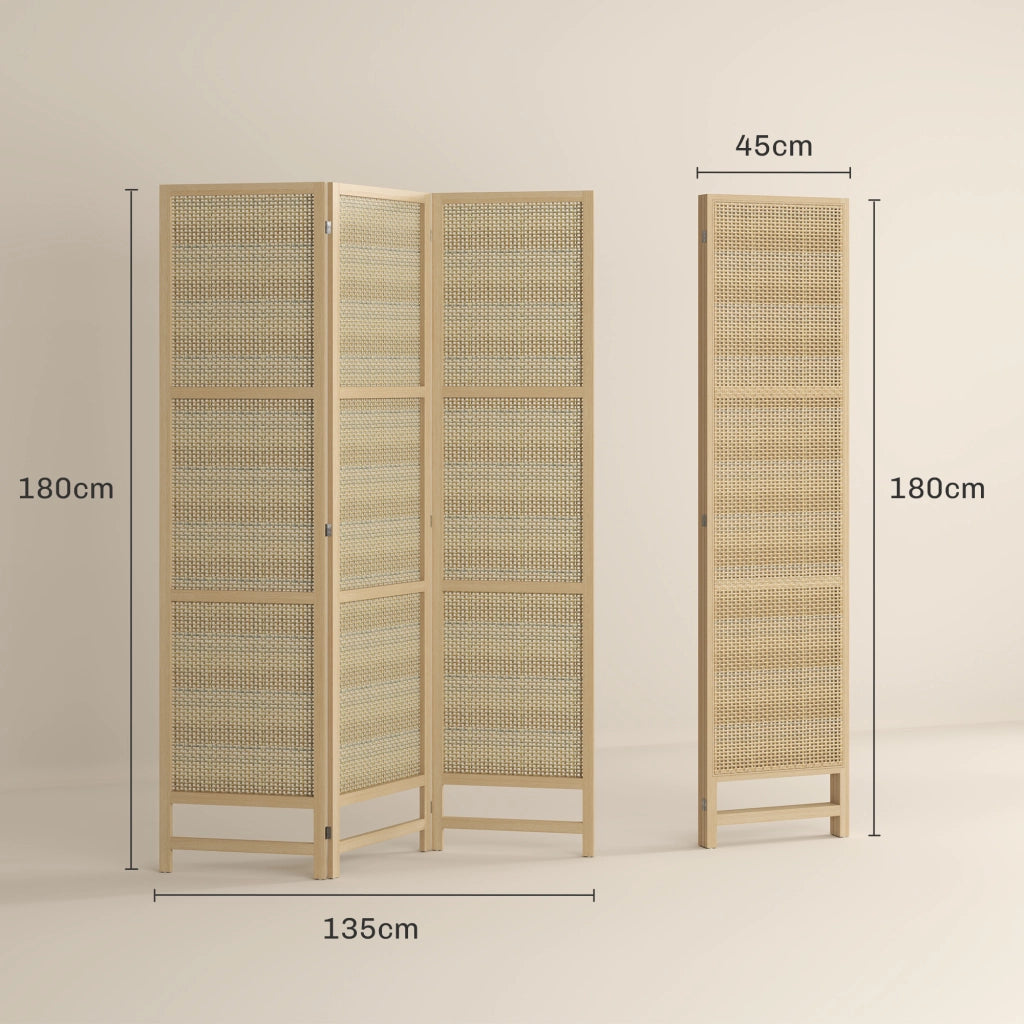 Paravento pieghevole a 3 pannelli 135 x 180 cm in rattan con struttura in legno di pino, naturale