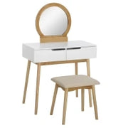 Toeletta Design Scandinavo con Specchio, 2 Cassetti e Sgabello, Bianco e Pino Chiaro