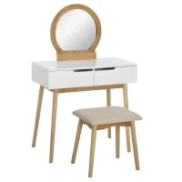 Toeletta Design Scandinavo con Specchio, 2 Cassetti e Sgabello, Bianco e Pino Chiaro