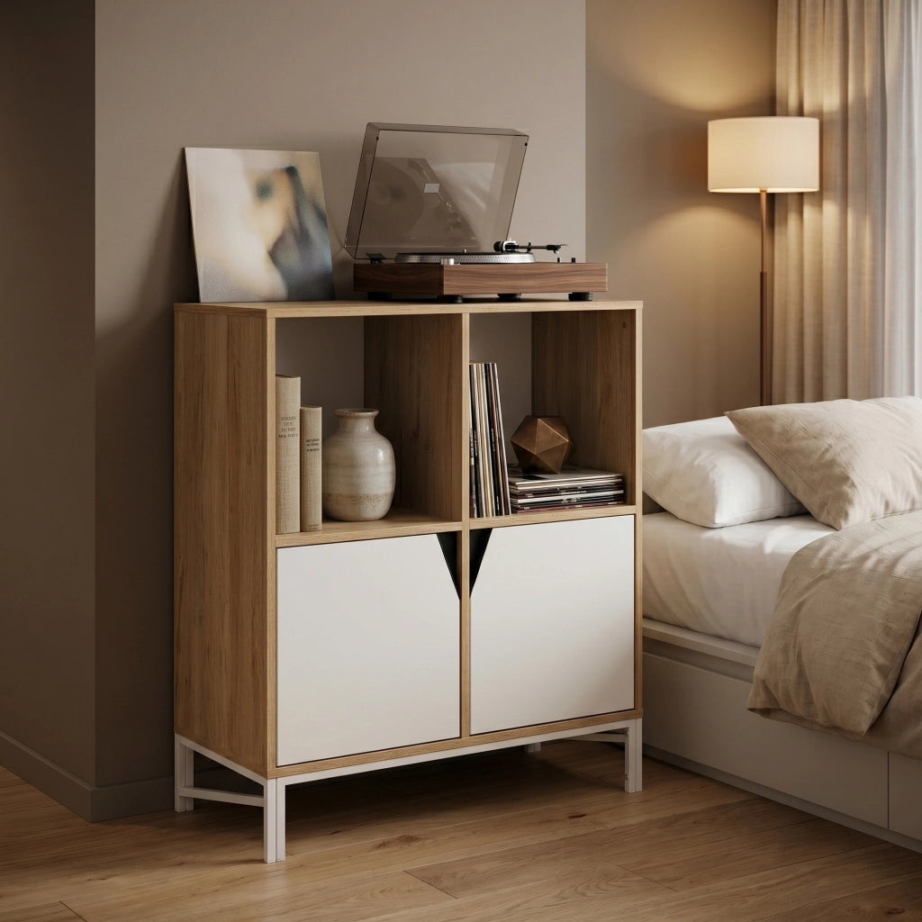 Mobile Contenitore Kerrköndam Comò con 2 Ante e 2 Vani Aperti 94 x 76 x 40 cm - Effetto Rovere/Bianco [en.casa]
