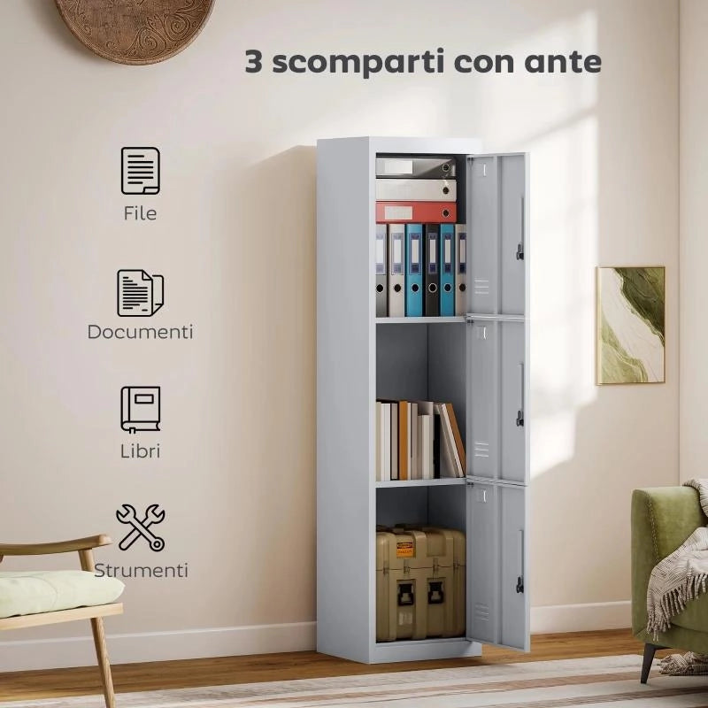 ARMADIO PER UFFICIO IN ACCIAIO A 3 PORTE INDIPENDENTI CON SERRATURA E 2 CHIAVI, 45X38X180 CM, GRIGIO CHIARO