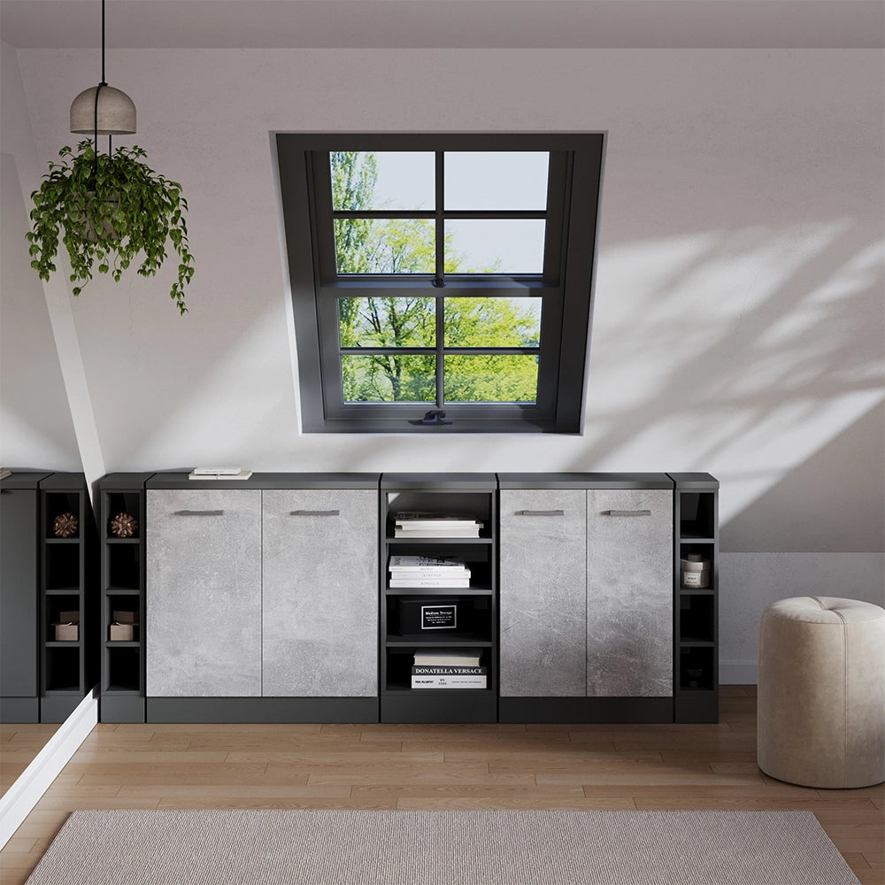 Set di mobili sottotetto Rion Calcestruzzo/Antracite 210 cm Set di 5 carcasse armadio profondità 60 cm Vicco