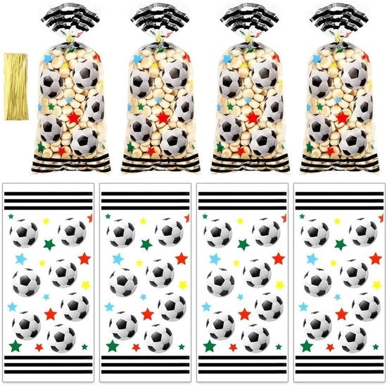 Sacchetti di compleanno per calcio, 100 pezzi, tema sportivo con disegno stellato e nodini dorati per un compleanno di calcio, articoli da festa e trucchi per compleanni.