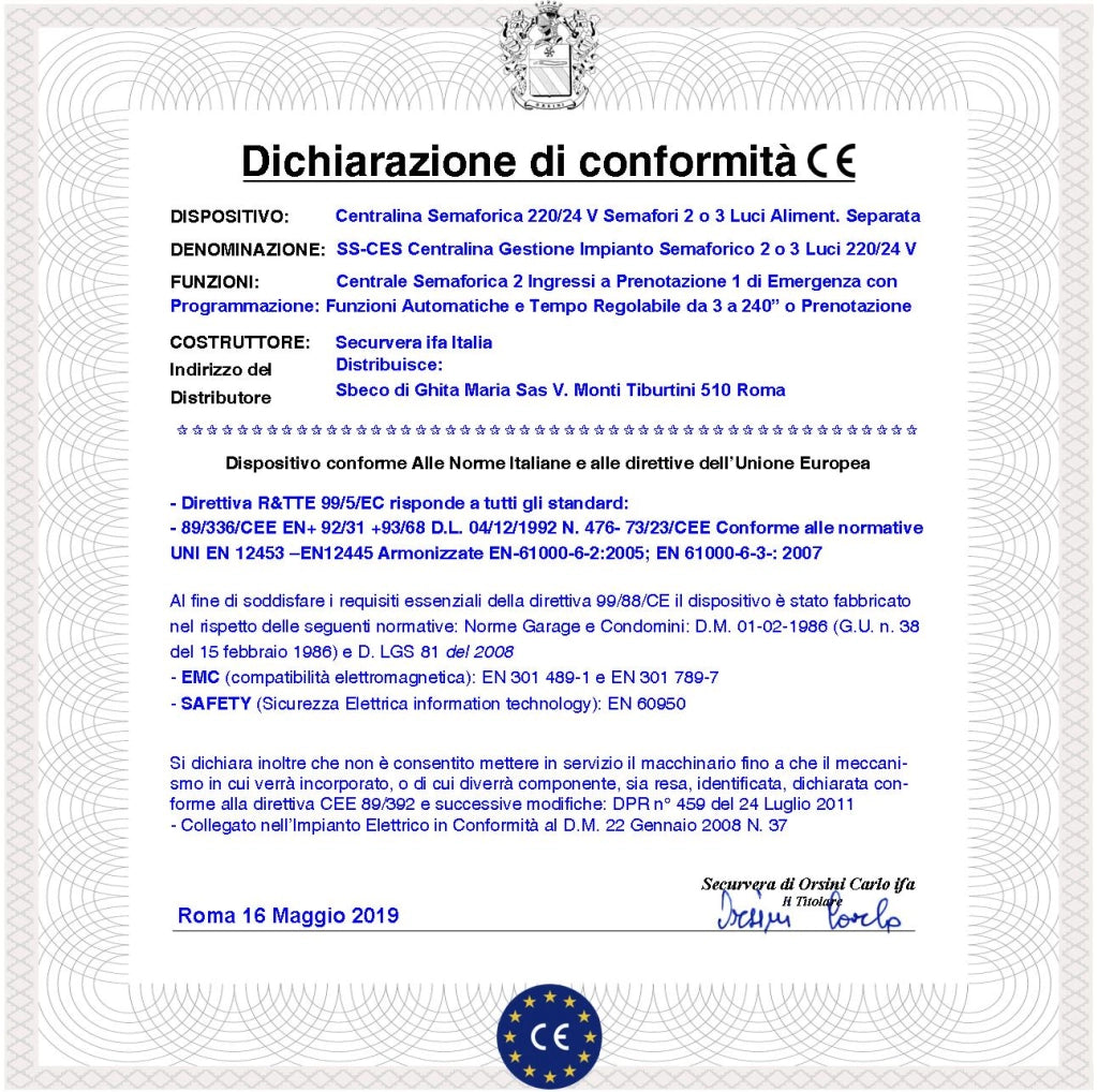 Quadro 230 V 50 Hz per la Gestione di 2 Semafori 2/3 Luci Alimentazione Periferiche 24 V Funzioni Automatica o Prenotazione 2 Ingressi Sensori Tempi da 3 a 240 Secondi Impianto Semaforico Rampa Garage