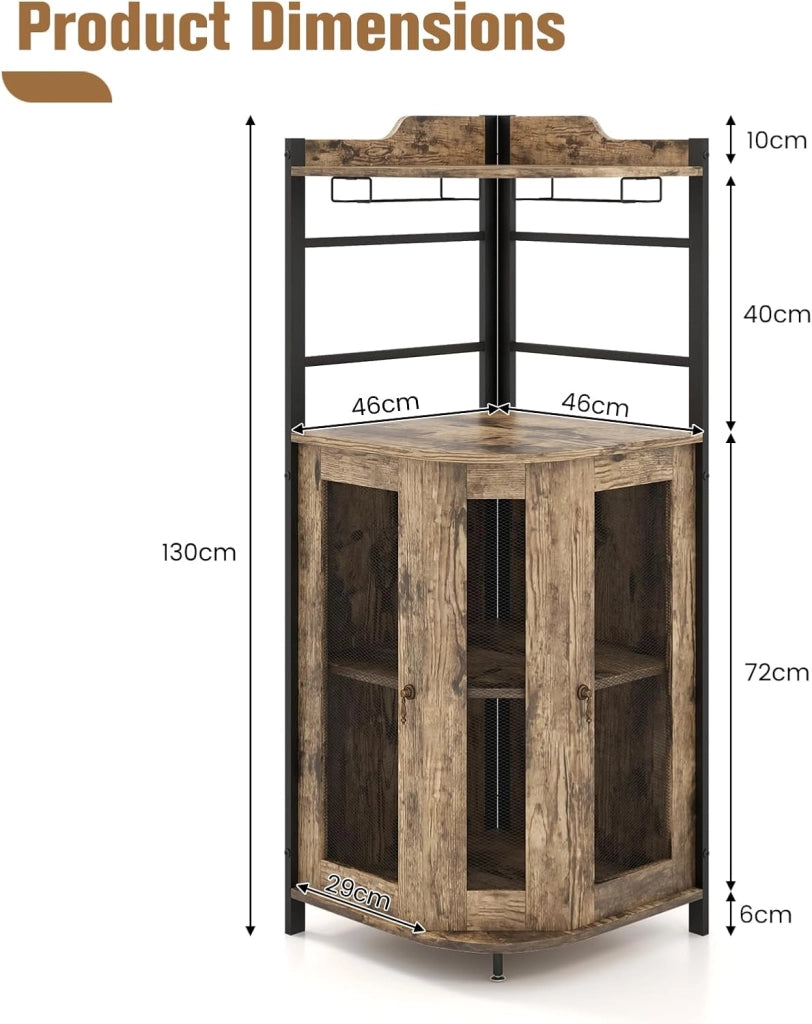 Armadietto Angolare Industriale Da Bar Con Supporto In Vetro, Armadietto Da Vino Con Ripiano Regolabile, Portabottiglie Vino Da Cucina Con Protezione, 130x47,5x47,5 cm (Grigio Quercia)