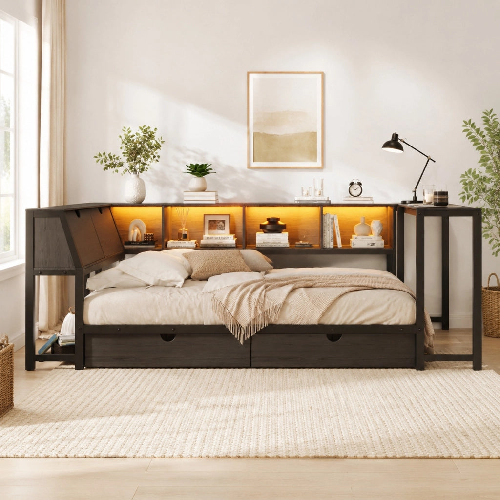 Letto singolo multifunzione 90x200 cm con scrivania; LED e cassetti; nero