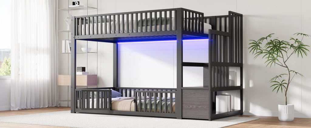Letto a castello 90x200 cm con scala contenitore e illuminazione LED, nero