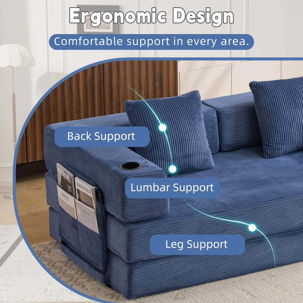 Divano letto pieghevole convertibile in velluto a coste con braccioli, tasche laterali e portabicchieri, blu scuro