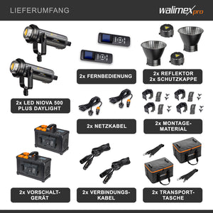 Niova Plus Daylight, Set 2 Faretti LED per fotografia, luce video 350 W dimmerabile, con riflettore Bowens e diffusore, con tecnologia COB-LED, per studio fotografico