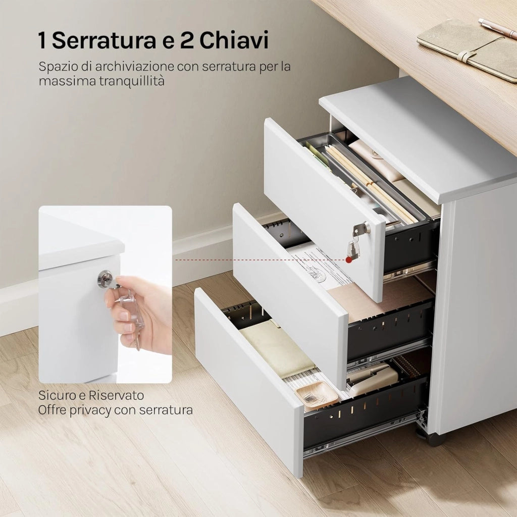 Cassettiera da Ufficio Scrivania Studio con Rotelle Mobiletto con 3 Cassetti e Serratura per Documenti Cartelle Sospese Cancelleria, Pre-Assemblato, metallo Bianco SK024ws