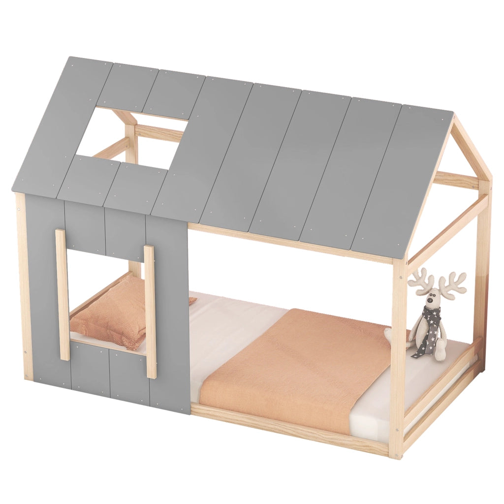 Letto a forma di casa naturale e grigio in pino 90x200 cm
