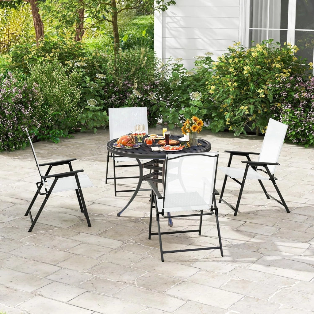 Set di 4 sedie da giardino pieghevoli, con schienale alto e bracciolo, in metallo e tessuto, portata fino a 150 kg (bianco, 4)