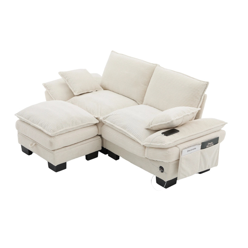 Divano modulare 2 posti in corduroy con pouf, seduta ergonomica, porta USB-C, tasche laterali e cuscini beige