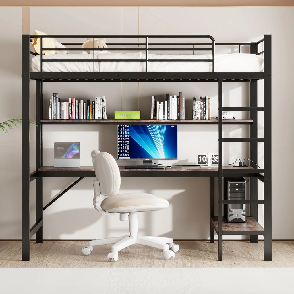 Letto a castello nero in metallo con funzione usb e presa elettrica 90x200 cm