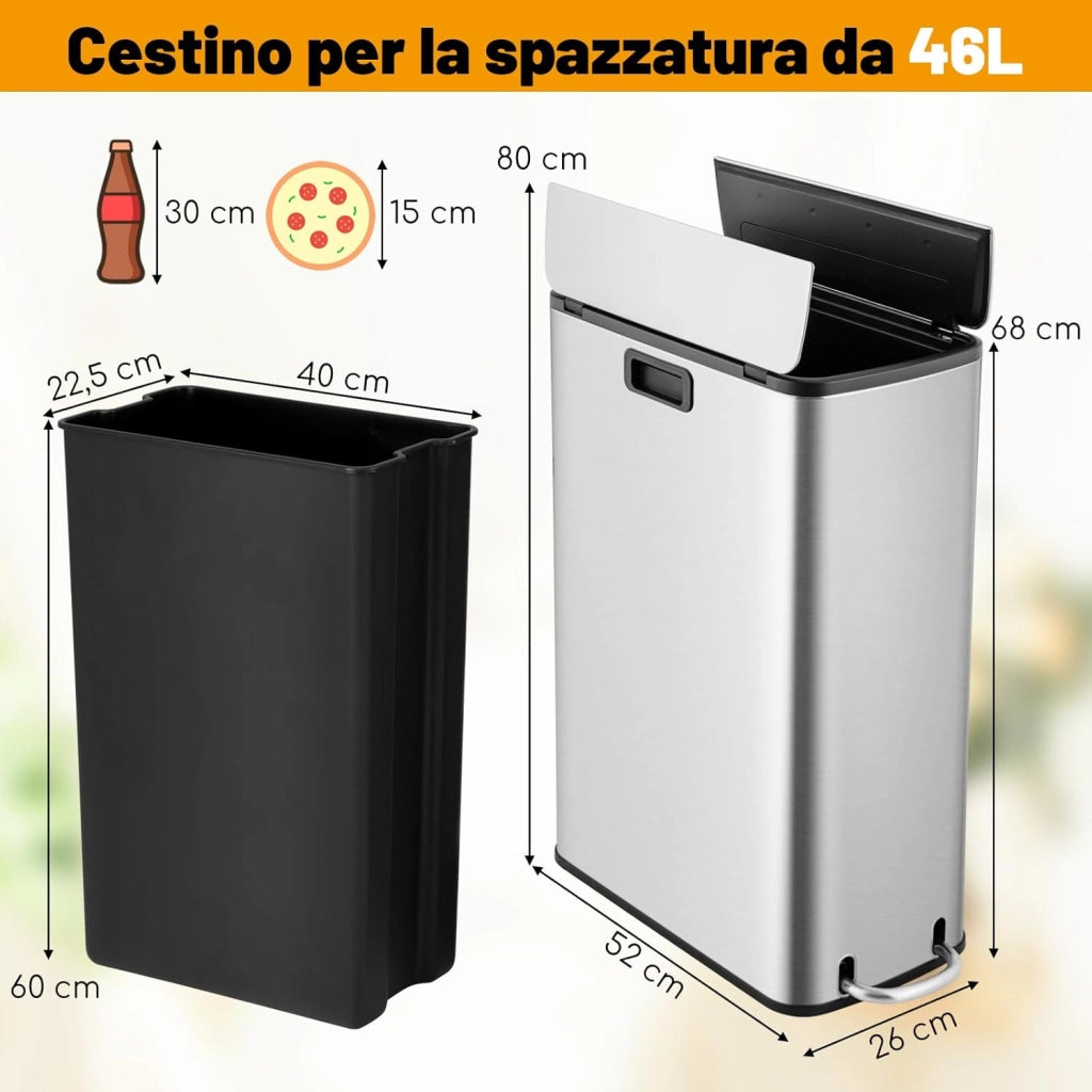 Bidone per Rifiuti in Acciaio Inox 46L, Cestino per Spazzatura con Ali a Bloccaggio Morbido e Secchio Interno Rimovibile, Bidone della Spazzatura a Pedale per Casa Ufficio