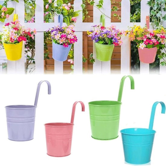 Bloem Emmer Opknoping per 4 Stuks con Maniglia per Balcone, Hacket per Pianta con Supporto Metallico per Decorazione di Casa e Giardino