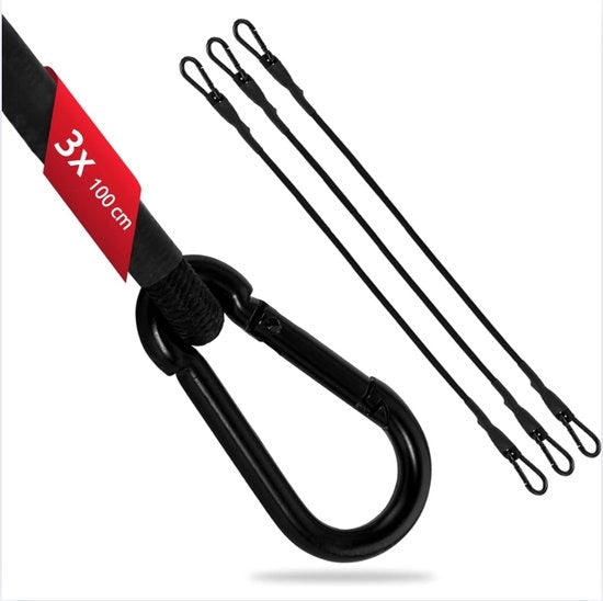 Tre cinture di trazione con chiusura a carabina 100 cm in cinghie in gomma nera cintura di trazione espandibile per bicicletta, auto, bagaglio, sicurezza di trasporto