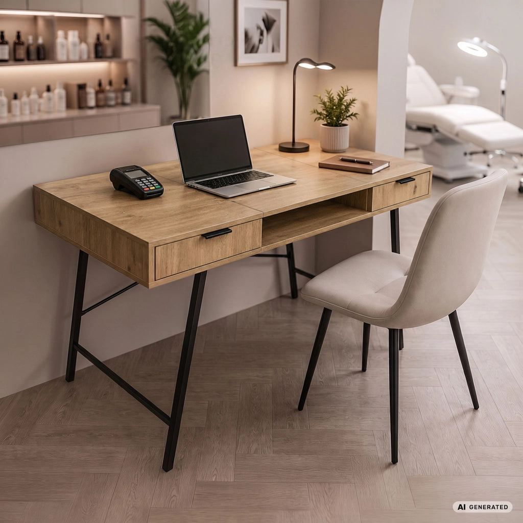 Scrivania industriale per computer Rovere Artisan ARDEN 120 cm 2 cassetti 1 ripiano gambe nere