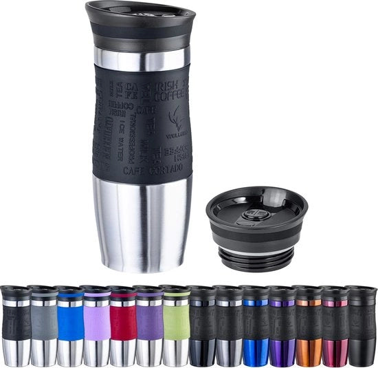 Termos 400 ml + 1 coperchio aggiuntivo - acciaio inossidabile - maniglia soft-touch in silicone - BPA-free - termos doppio strato - termos per viaggio - tazza di caffè to go, colore: nero