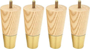 Set di 4 gambe in legno di quercia con cappelli dorati per divano, poltrona, armadio e altro