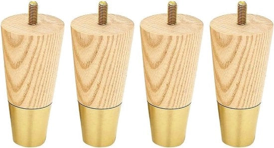 Set di 4 gambe in legno di quercia con cappelli dorati per divano, poltrona, armadio e altro