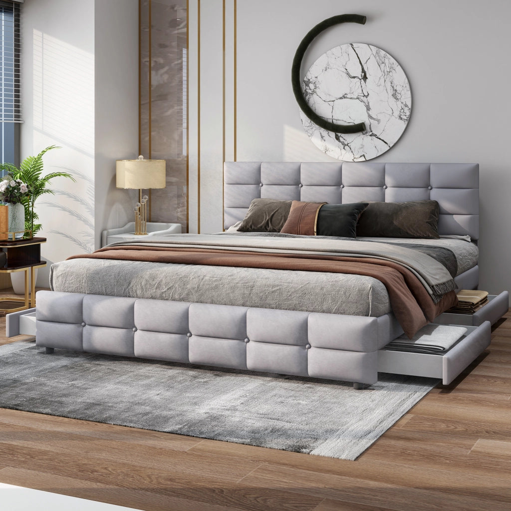 Letto Imbottito Matrimoniale con Cassetti ¨C MINIMAL ¨C Velluto Grigio 180x200