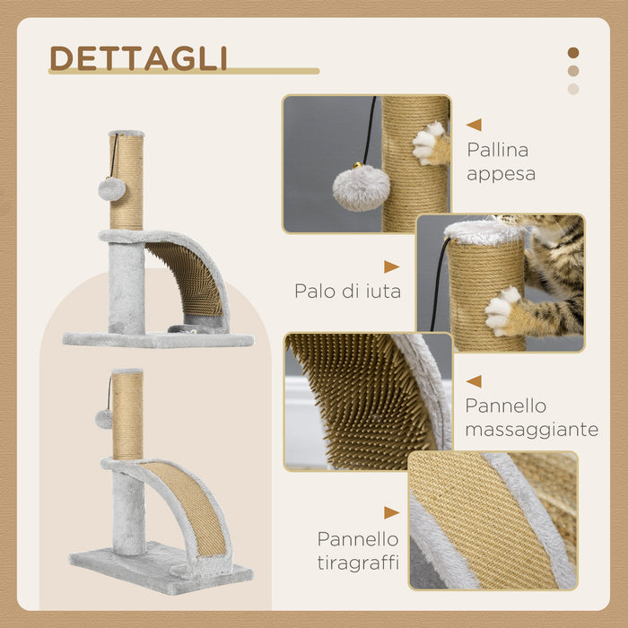Tiragraffi per Gatti Albero con Arco Massaggiatore 34x24x43 cm in Iuta e Peluche Grigio
