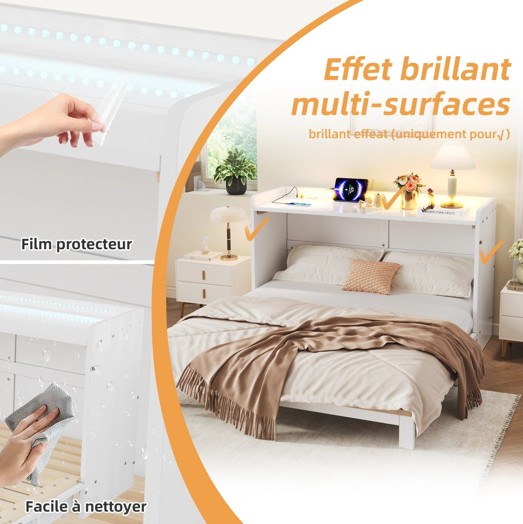 Letto a scomparsa ULEVR 140x200 cm con cassetti, LED, USB e presa, bianco