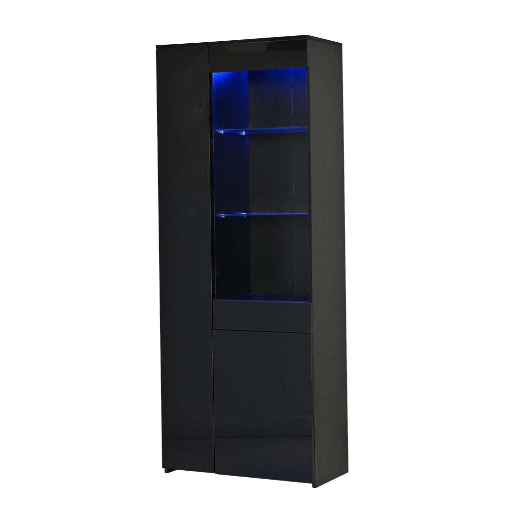 Vetrina con 2 ante; 1 cassetto e ripiani; illuminazione LED; per soggiorno; 70 x 35 x 180 cm; nera