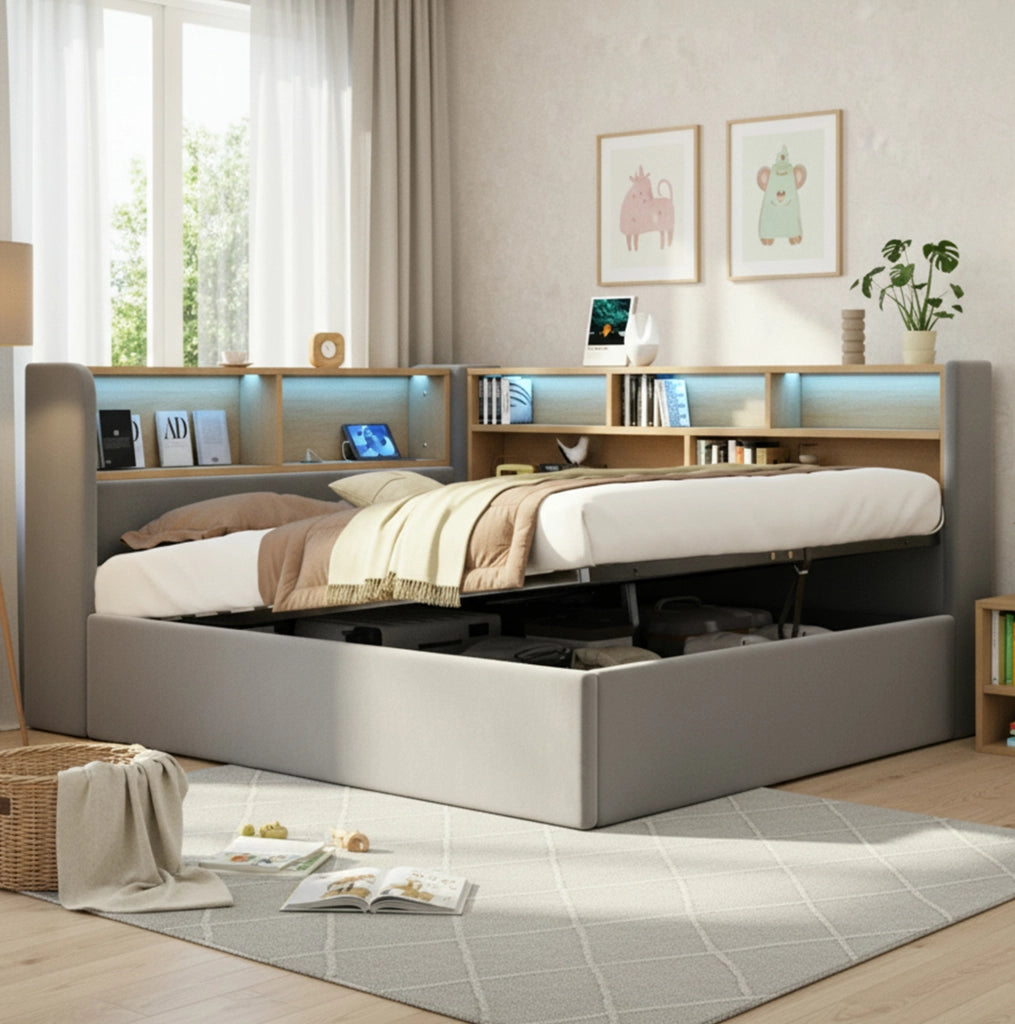 Letto imbottito 140x200 cm con contenitore idraulico, LED e porte USB