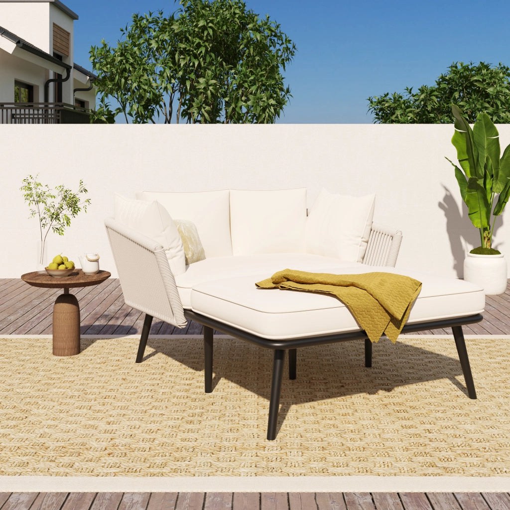 Lettino Prendisole da Giardino con 2 Cuscini e 2 Materassini; Acciaio Zincato; Poliestere e Corda; Beige