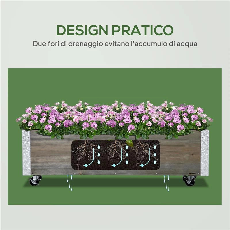 FIORIERA RETTANGOLARE IN LEGNO DI ABETE CON RUOTE E FRENO 96X30.6X30 CM GRIGIO