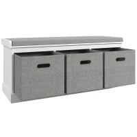 Panca Scarpiera in Legno con 3 Cassetti e Seduta in Tessuto per 3 Paia di Scarpe, 105x35x47 cm, Bianco