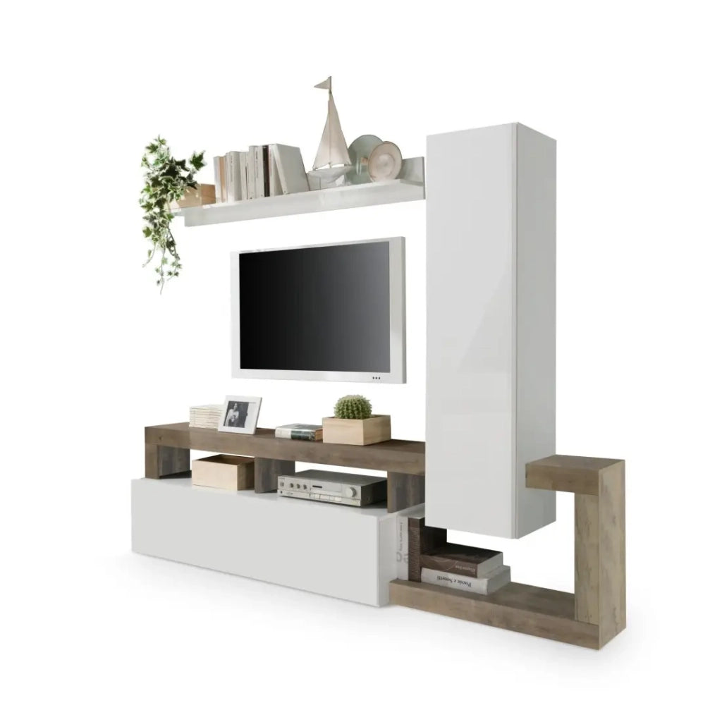 Set mobili soggiorno con contenitori 220 cm, collezione BURA, bianco lucido/rovere chiaro