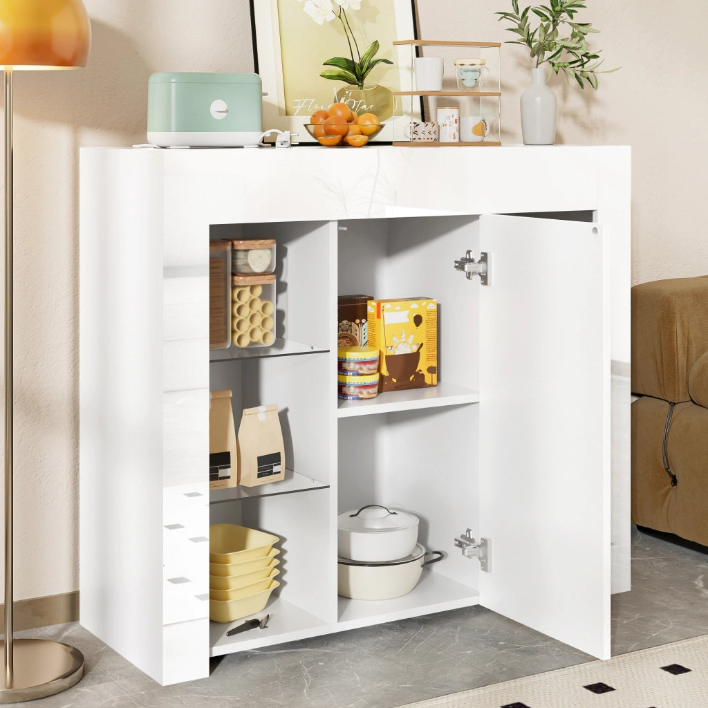 Credenza con 1 Anta e Ripiani in Vetro; Frontale Bianco Lucido; Stile Moderno; in Pannello Truciolare; 95??35??83 cm