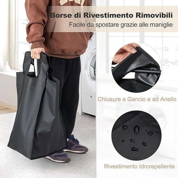 Cesto Portabiancheria Salvaspazio, Portabiancheria con Piano e 2/3 Sacche Estraibili e Rimovibili, Cesta Panni Sporchi con 2/3 Scomparti per Lavanderia Bagno (3 Scomparti)