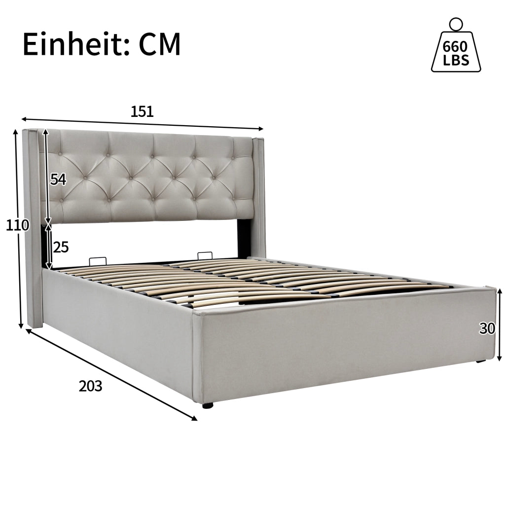 Letti contenitori 140x200 cm; contenitore; testiera imbottita; cotone; grigio chiaro (Senza materasso)