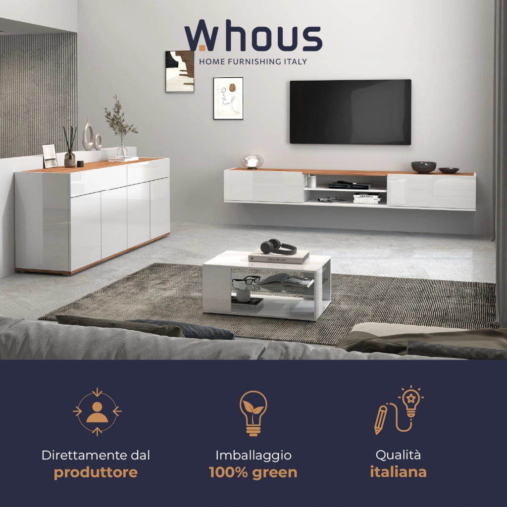 WHOUS Credenza Garda 4 ante e 2 cassetti bianco lucido e rovere 160,1x35x70 cm