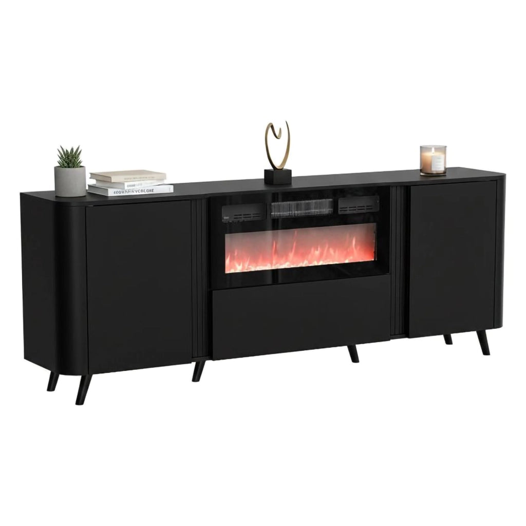 Credenza Briano, Madia da salotto con due ante battenti, anta a ribalta e camino elettrico, Rialzata da terra, 191x40 h69 cm, Nero