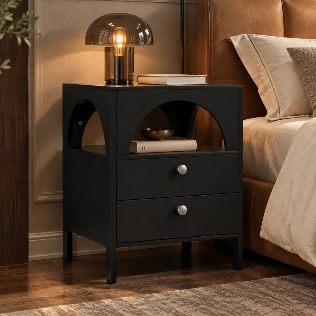 Comodino moderno 45x40x58 cm con 2 cassetti e vano aperto in MDF nero
