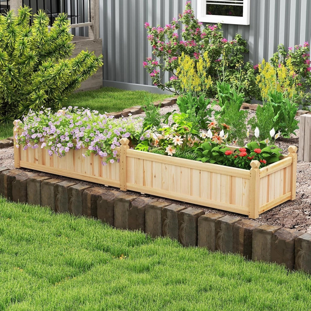 Letto da Esterno Rialzato in Legno, Fioriera Rettangolo con Divisorio, Sistema di Drenaggio, Fodera in Tessuto non Tessuto, Orto Rialzato per Giardino e Cortile, 227 x 59,5 x 40 cm (Naturale)
