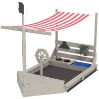 Sabbiera a Forma di Barca con Tettuccio e Set Cucina per Bambini, in Legno Massello, 180 x 103 x 144,5 cm, Grigio