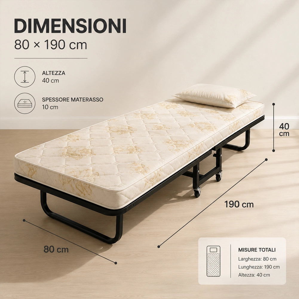 Letto Singolo Pieghevole Cuscino Copertura Brandina Materasso H10cm 80x40x190cm