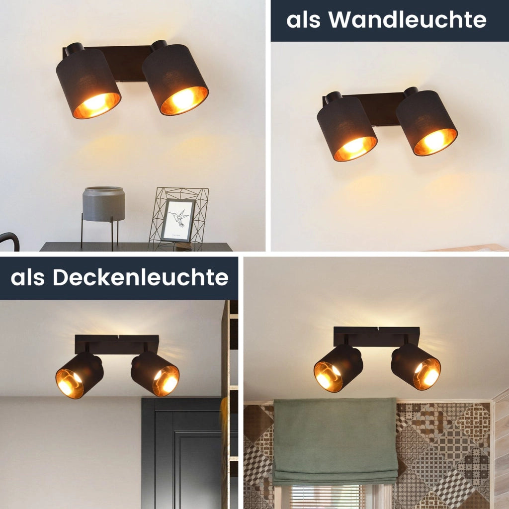 ZMH Faretto da soffitto neri vintage 2 E14 rotativi 350° paralume tessuto per soggiorno camera senza lampadina